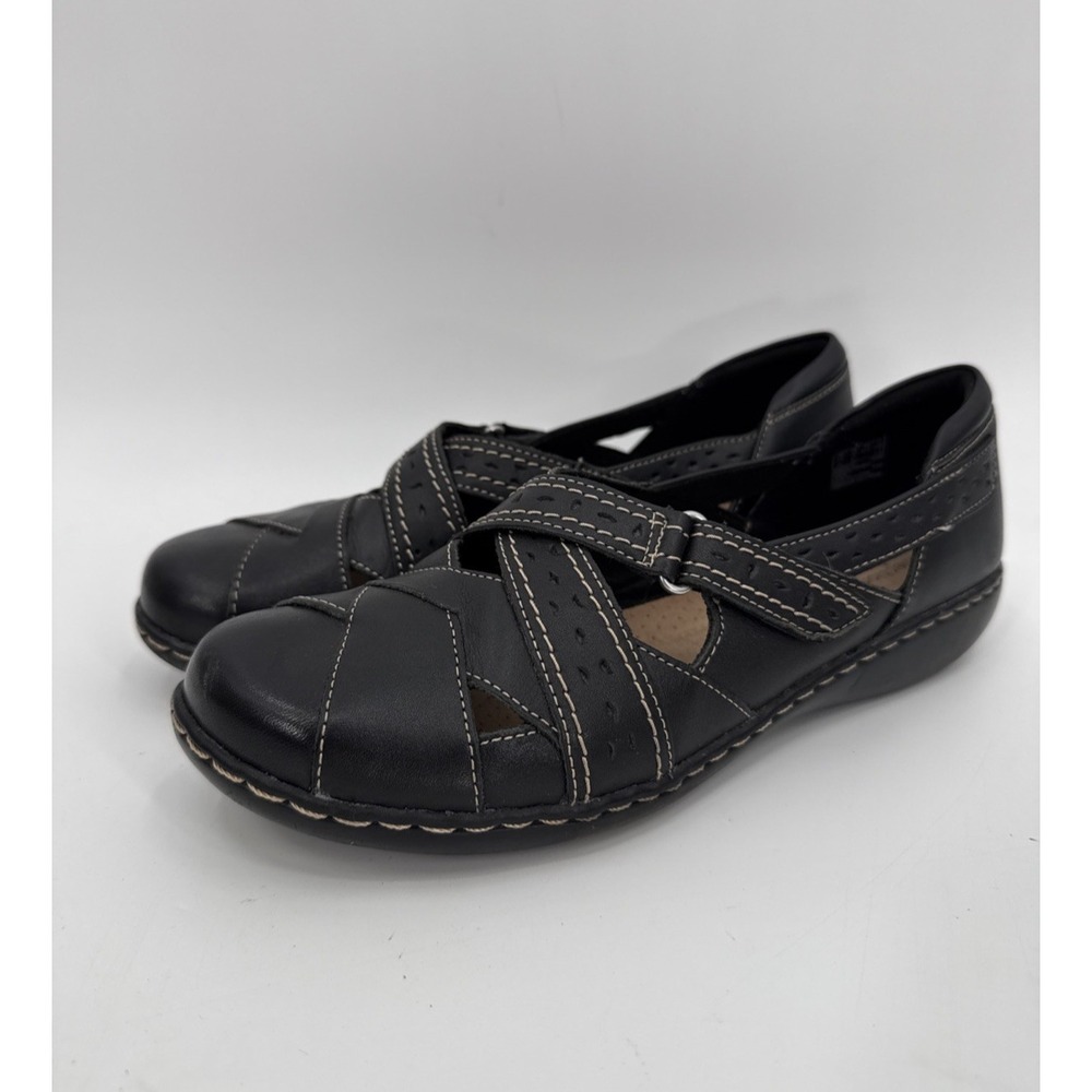 Clarks Womens Black Criss Cross Strappy Leather Shoes Size 10 Boho Comfort